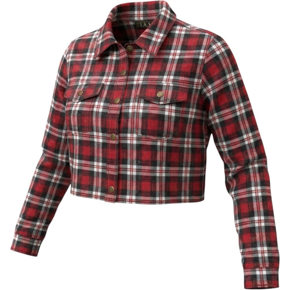 Taxi Red Plaid Long Sleeve Crop Button Down Shirt Top